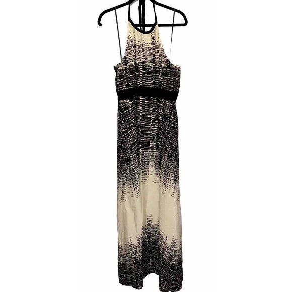 Vince Camuto Backless Halter A-line Maxi Dress Sz 14 Black White Flowy Whimsical - Picture 1 of 7